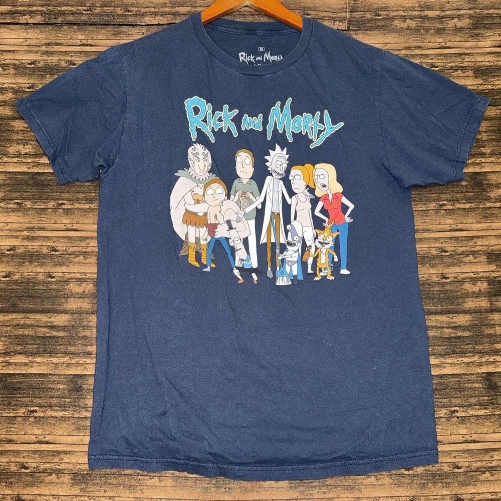 Rick & Morty Navy Blue T-Shirt Graphic Design 100% Cotton Short Sleeve Size M